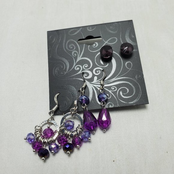Amethyst trio earrings with silver fish hook and pierced - Picture 3 of 6